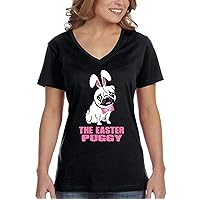 Women's Pug Dog Ears Easter Bunny Holiday V-Neck Short Sleeve T-Shirt