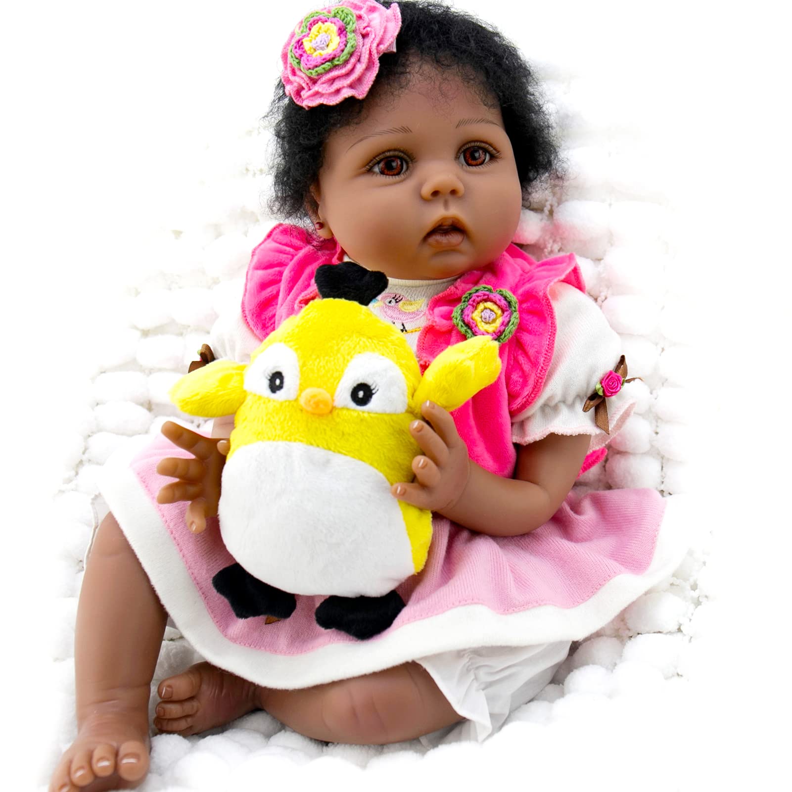 Aori Reborn Baby Dolls Black 22 Inch Realistic African American Newborn Girl Weighted Reborn Baby with Sunny Bird Gift Accessories