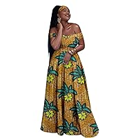 2022 African Dasiki Dresses for Women, V-Neck, Print Ruffles Floor-Length Cotton Dress with Turban Headwrap