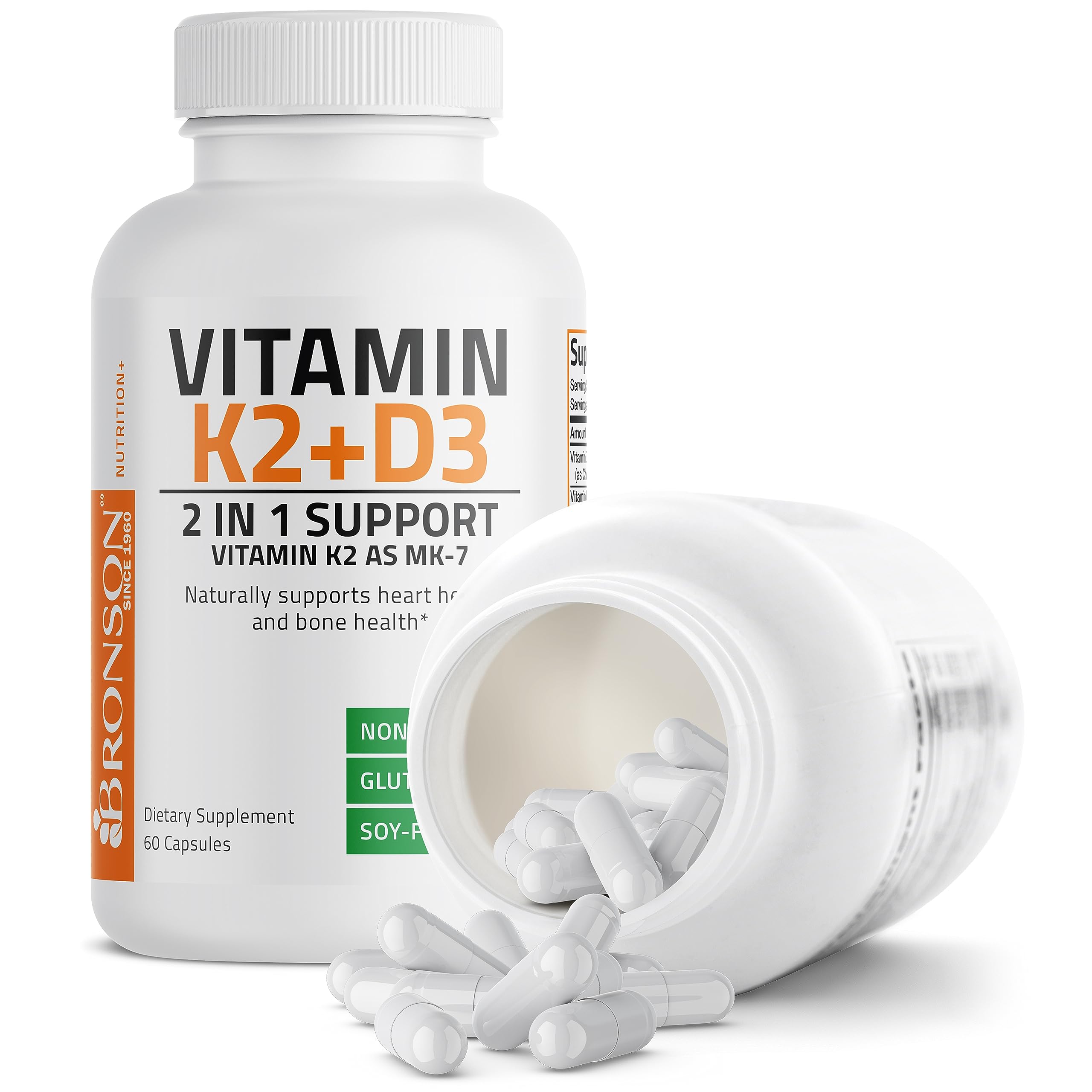 Bronson Vitamin K2 (MK7) with D3 Supplement Non-GMO Formula 5000 IU Vitamin D3 & 90 mcg Vitamin K2 MK-7 Easy to Swallow Vitamin D & K Complex, 60 Capsules