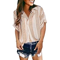 Women's T Shirts Casual, Summer Short Sleeve Lapel Striped Top Shirt for Women Long, S, XL