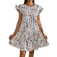 Ladies Women's Summer Dress Fashion Women's Round Neck Short Sleeved Floral Ladies Casual Dress(A,Large)