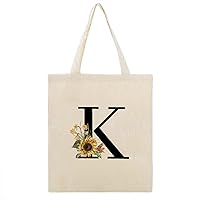 Sunflower Black Monogram Alphabet Initial Letter K Canvas Tote Bag with Handle Cute Book Bag Shopping Shoulder Bag for Women Girls