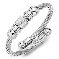 COOLSTEELANDBEYOND Steel Twisted Wire Bracelet Cuff Bangle for Men Women with Beads Charms, Polished Adjustable