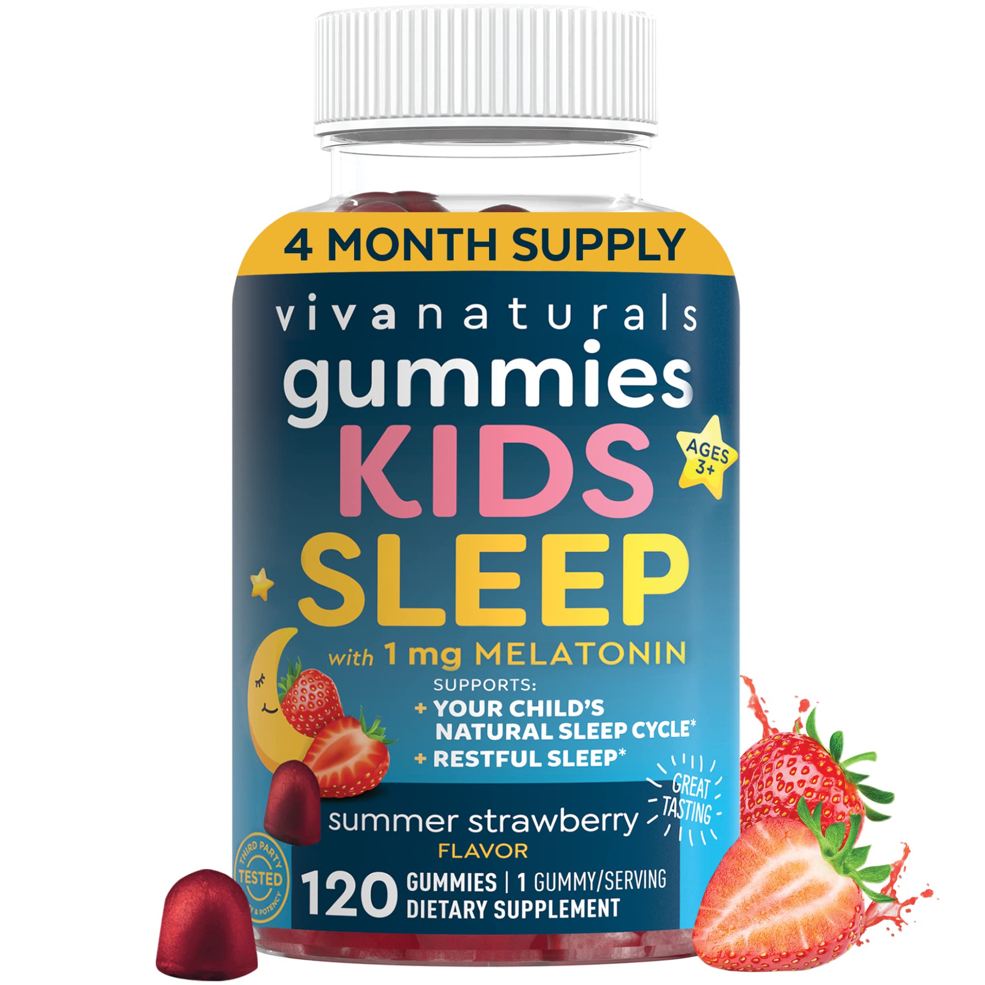 Viva Naturals Melatonin Gummies for Kids (120 Gummies), Delicious Strawberry Flavor - Melatonin 1 mg to Promote Restful Sleep, Non Habit Forming Kids Melatonin Gummy