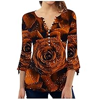 Fall Tops for Women 3/4 Bell Sleeve Henley Shirts Boho Floral Butterfly Print Tunics 2024 Trendy Casual Loose Blouse