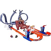 Hot Wheels RacerVerse Toy Car Track Set, Spider-Man’s Web-Slinging Speedway, 2 1:64 Scale Racers: Spider-Man & Black Panther