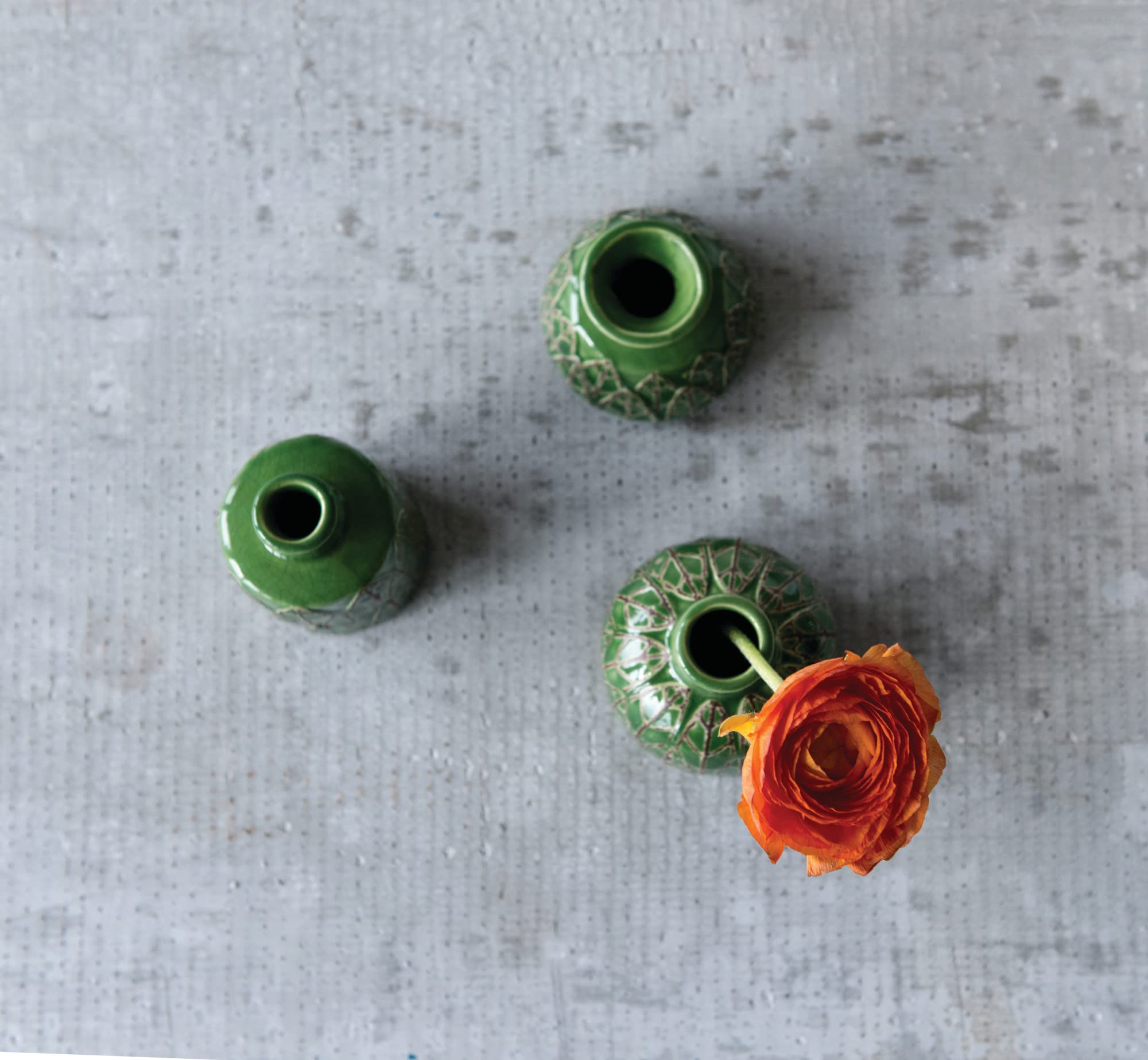 Creative Co-Op Green Embossed Stoneware (Set of 3 Sizes) Vases