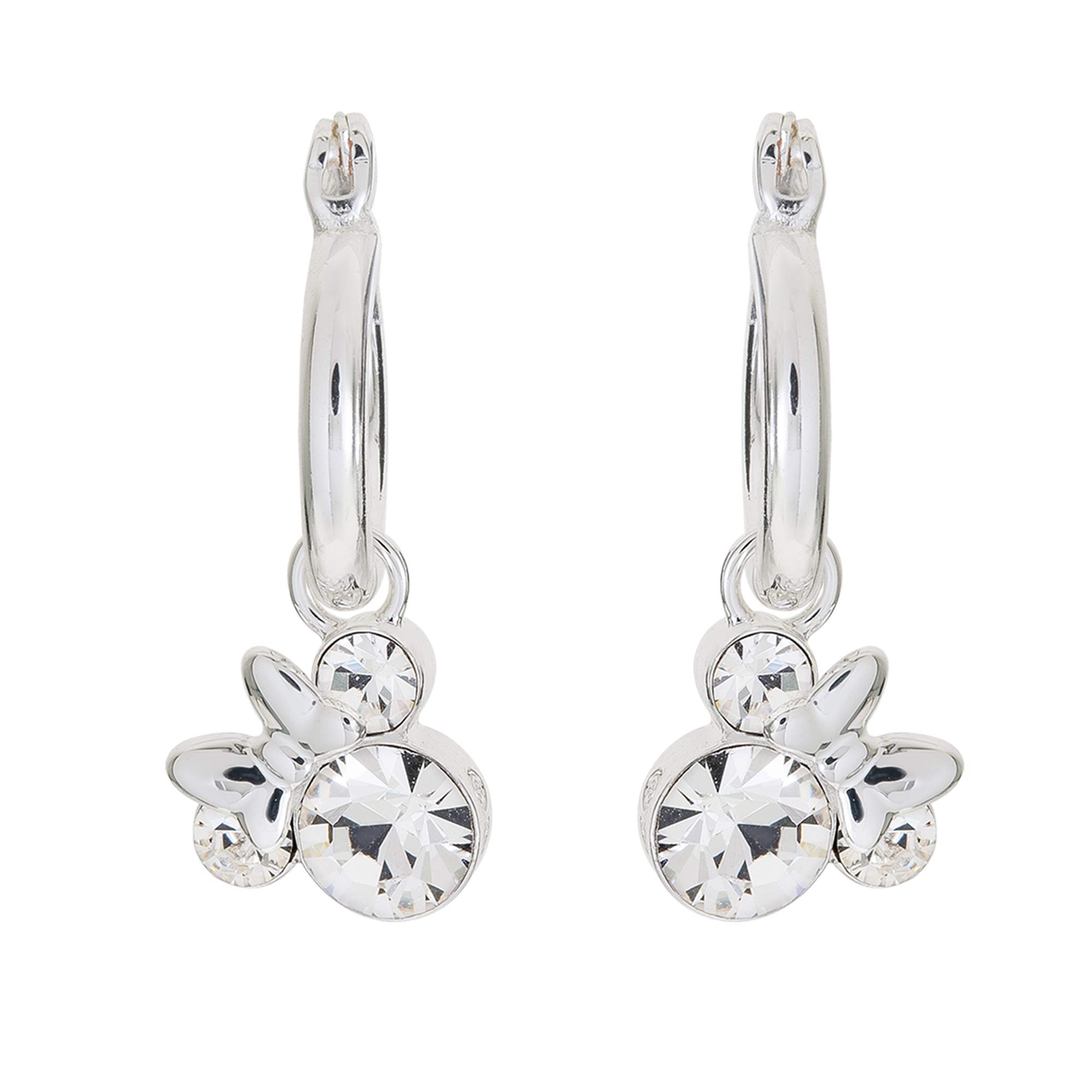 Disney Minnie Mouse Jewelry, Crystal Birthstone Silver Plated Hoop Dangle Earrings, Latch Back