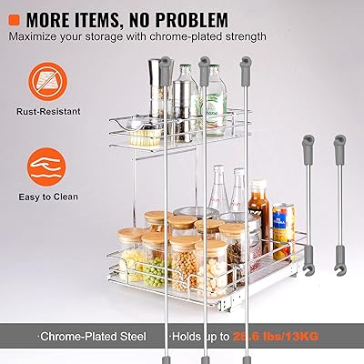 VEVOR 12W x 17D Pull Out Cabinet Organizer, Heavy Duty Slide Out Pantry Shelves, Chrome-Plated Steel Roll Out Drawers, Sliding Drawer Storage for