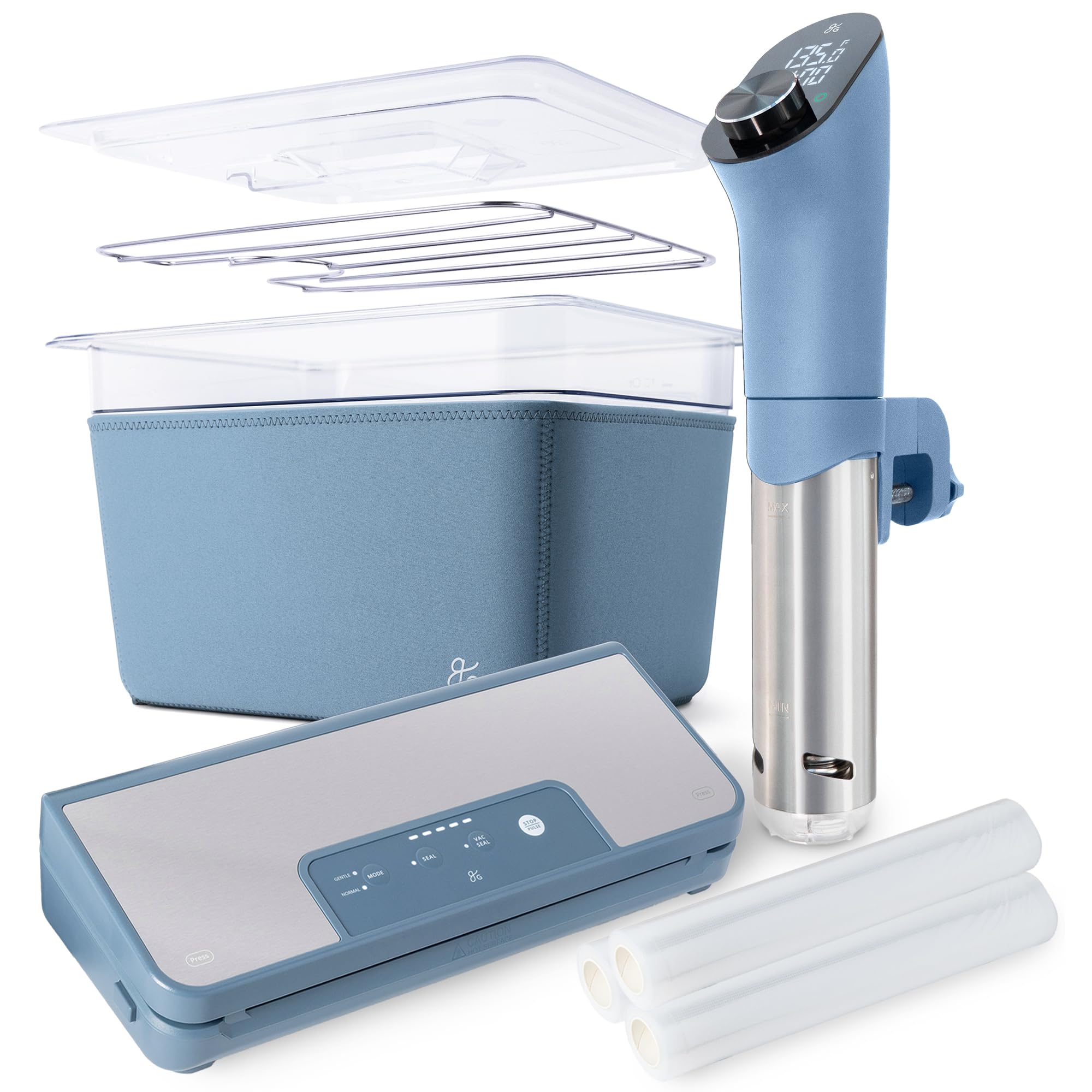 Greater Goods Sous Vide Kit with Sous Vide Cooker, Sous Vide Container, and Vacuum Sealer with 3 Rolls, Designed in St. Louis. Stone Blue.