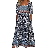 Womens Bohemian Floral Printed Maxi Dress Boho Colorful Casual Loose Flowy Summer Dresses with Pockets for Women