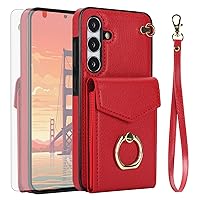 Asuwish Phone Case for Samsung Galaxy S24 Plus S24+ 5G Wallet Cover with Tempered Glass Screen Protector and RFID Blocking Ring Credit Card Holder Cell Accessories S24plus 24S + S 24 24+ Women Men Red