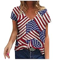 Women's American USA Flag Short Sleeve V-Neck Star Stripes Shirts Loose Casual Tee Patriotic T-Shirt Tops