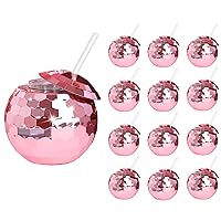 12 PCS Disco Ball Cups, 20Oz Disco Party Cups with Lid and Reusable Straw Flash Ball Cocktail Cup for Party Nightclub Bar Supplies Wine Drinking Syrup Tea Bottle(Rose Gold)
