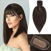 RUWISS Human Hair Topper with Bangs Crown Topper Hair Pieces for Women Short Wiglet Topper for Thinning Hair 7.5 * 13CM Silk Base 100% Real Human Hair Clip in Topper 10Inch 35g（Dark Brown）