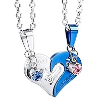 Heart Matching Puzzle Necklaces for Couples Men Women Boyfriend Girlfriend Lover Birthstone Pendant Stainless Steel CZ Relationship Gifts Anniversary Valentine's Day Jewelry(Silver Blue)