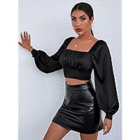Women's Tops Women's Shirts Sexy Tops for Women Ruched Bust Lantern Sleeve Crop Satin Top (Color : Black, Size : X-Large)