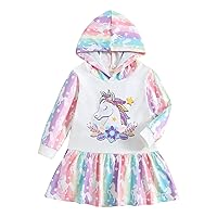 iiniim Kids Girls Rainbow Hoodies Shirt Dress Toddler Cartoon Hooded Sweatshirt Pullover Dress Jumper