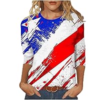 American Flag T Shirt for Women 4th of July Tops Patriotic Star Striped Print Blouses 3/4 Length Sleeve Independence Day Tee