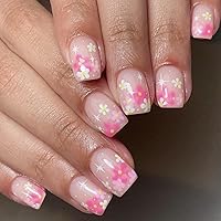 Square Press on Nails Short Flowers Fake Nails With Glue on Nails Spring Flower False Nails Stick on Nails for Women Girls Pink Glossy Acrylic Nails Supply Reusable Nails Sets Decoration 24pcs