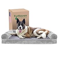 Furhaven Cooling Gel Dog Bed for Large Dogs w/ Removable Bolsters & Washable Cover, For Dogs Up to 95 lbs - Faux Fur & Velvet Sofa - Smoke Gray, Jumbo/XL