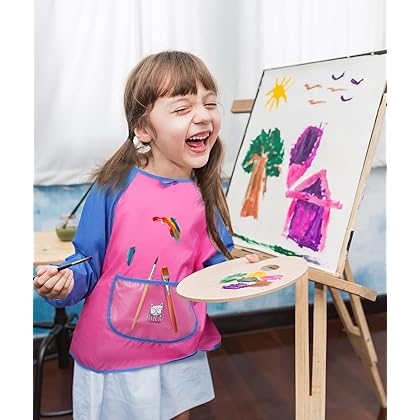 JoyCat 2 Pack Toddler Art Smock Waterproof Painting Apron with Long Sleeve & Roomy Pockets Kids Smock for Gardening & Cooking & Playing for Age 3-7 Years （Yellow & Pink）