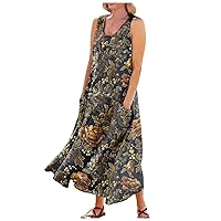 Women's Loose Cotton Linen Solid Plus Size Dress Print Boho Swing Oversized Loose Dress with Pockets