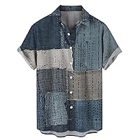 Retro Short Sleeve Button Down Shirts for Men Vintage Summer Fashion Patchwork Color Block Classic Fit Casual Tops
