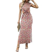 Hount Women's Summer Sleeveless Dress Cutout Crew Neck Bodycon Maxi Dress with Side Slit