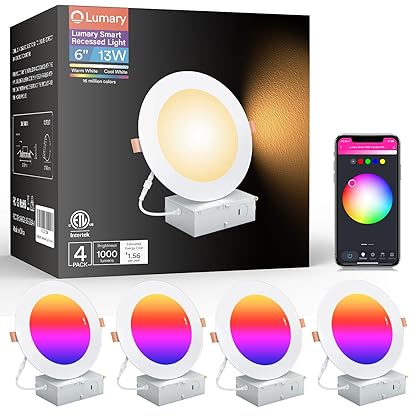 Lumary Smart Recessed Lighting 6 Inch Canless LED Recessed Lights 13W 1000lm Color Changing LED Downlight Wi-Fi Bluetooth Soffit Lights with Junction Box Work with Alexa/Google Assistant (6inch-4PCS)
