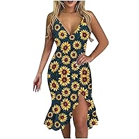 Women's Maxi Dress 2024 Summer Adjustable Strap Dress V-Neck Floral Print A Line Casual Midi Dresses, S-2XL