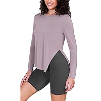 ODODOS Split Hem Long Sleeve Tee for Women Modal Soft Crew Neck Athletic Gym Workout Tops Yoga Shirts, Lavender, Medium