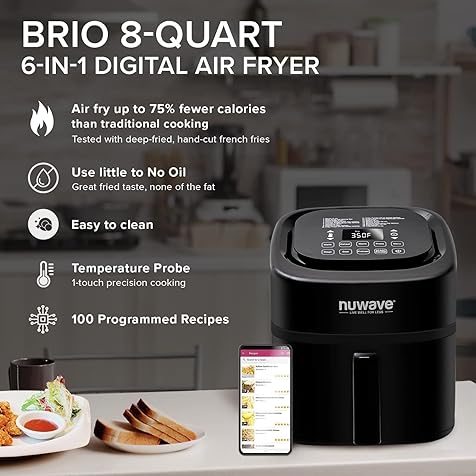 Brio 8-Qt Air Fryer, Powerful 1800W, Easy-to-Read Cool White Display, 50°-400°F Temp Controls, 100 Pre-Programmed Presets & 50 Memory Slots, Integrated Smart Thermometer, Linear T Technology