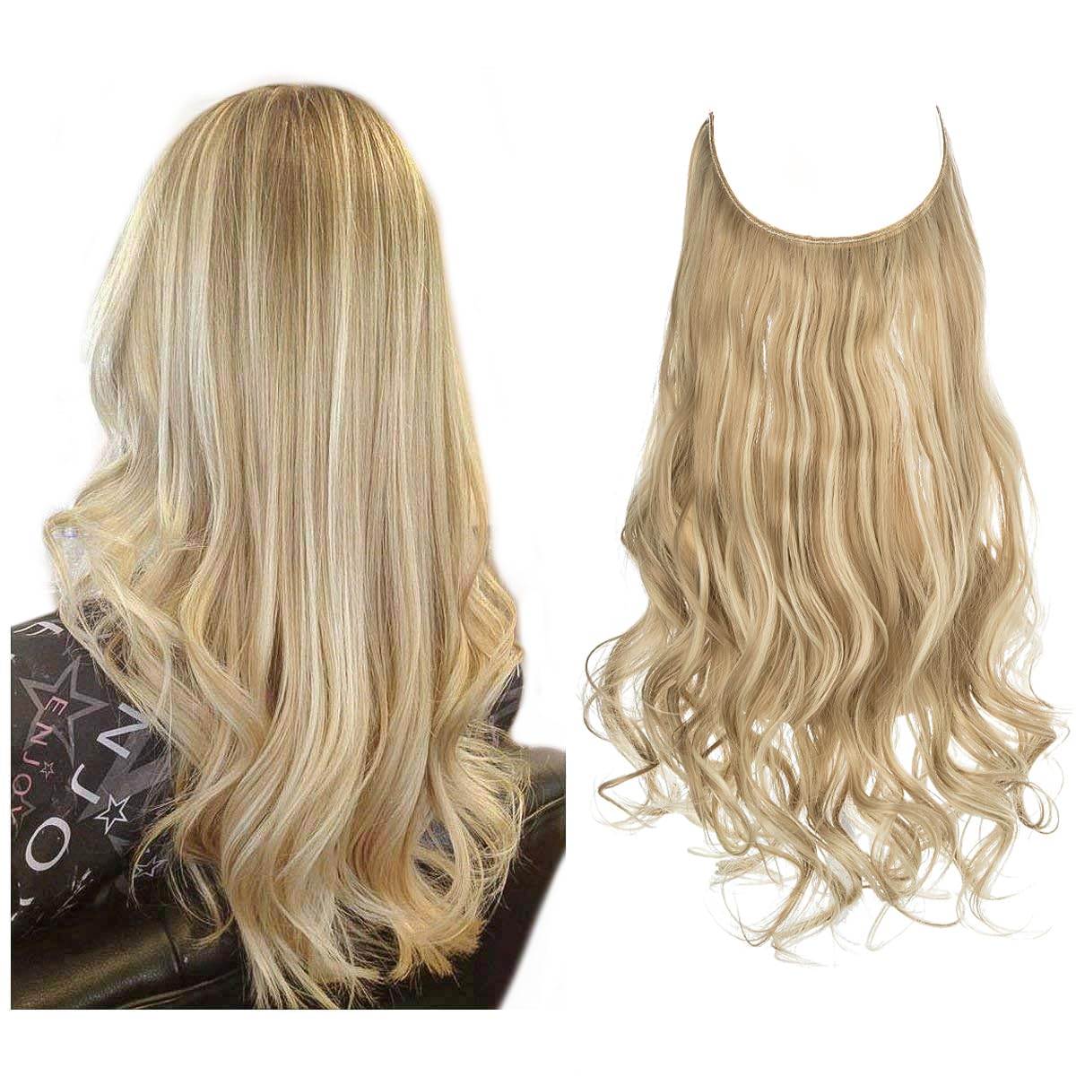 SARLA Hair Extensions Invisible Wire Dirty Blonde Highlight Wavy Curly Synthetic Hairpieces Balayage for Women Long 18 Inch Adjustable Headband No Clip