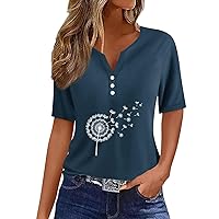 Womens Tops, Women's Fashion Casual Vintage Printed V-Neck Short Sleeve Decorative Button T-Shirt Top
