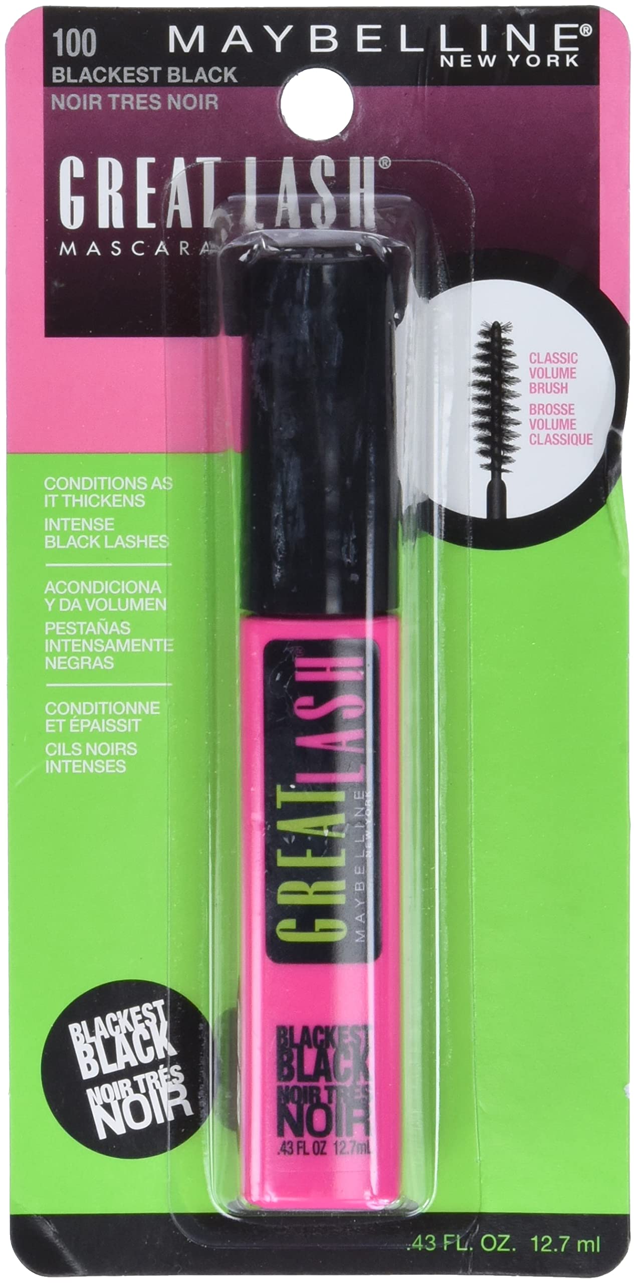 Maybelline Great Lash Washable Mascara, Volumizing Lash-Doubling Formula That Conditions As It Thickens, Blackest Black, 1 Count
