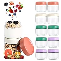 Hoa Kinh 10oz 12Pack Glass Food Storage Jars with Lids, Leak Proof Small Glass Jars for Overnight Oats, Cereal, Clear Empty Glass Jars with Lids for Kitchen(Red, Green, Purple and White)