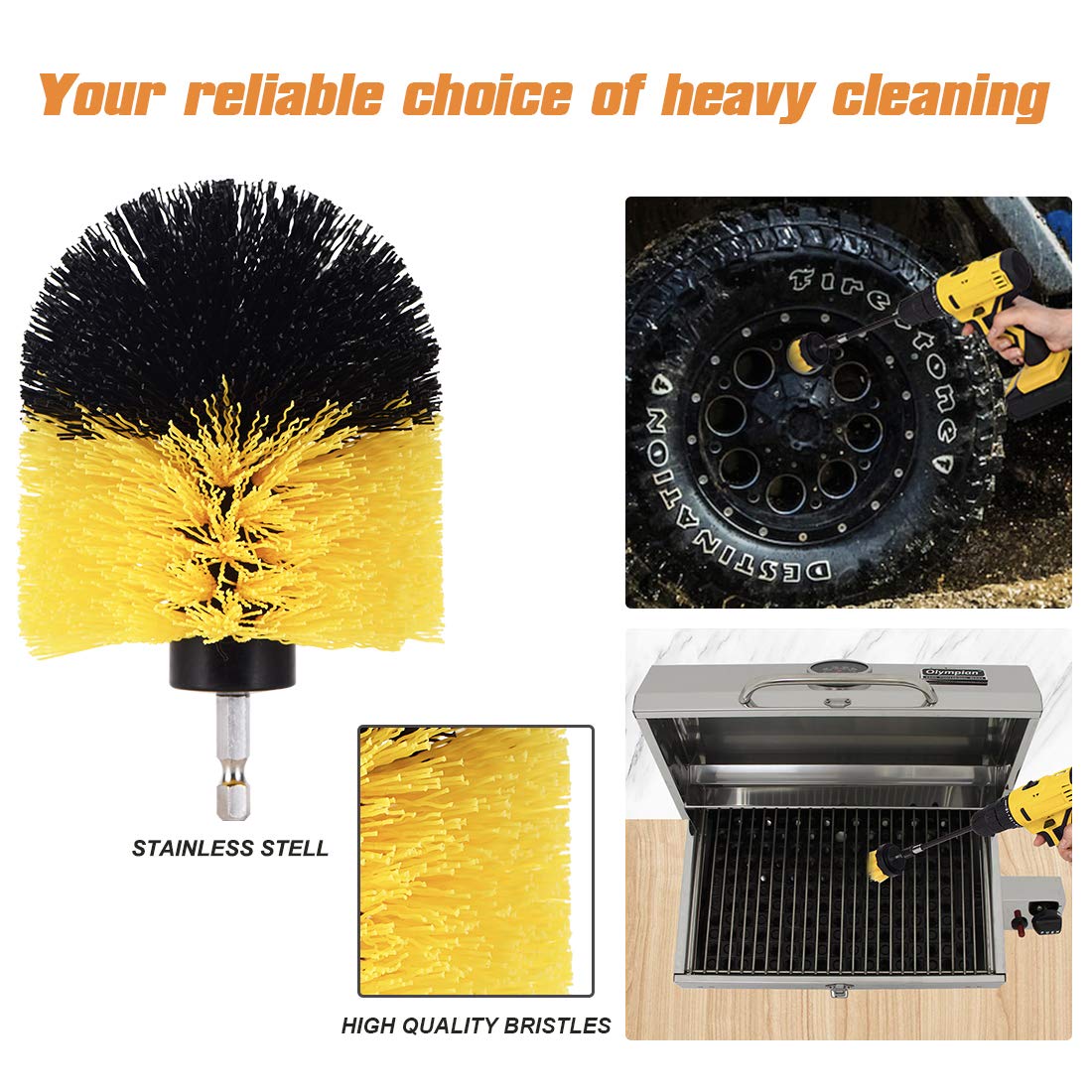 Shieldpro Drill Brush Attachment Set,Power Cleaning Scrub Brush,All Purpose Drill Brushes with Extend Long Attachment for Bathroom and Kitchen Surface,Grout,Tub,Shower,Tile,Corners, Automotive-Yellow