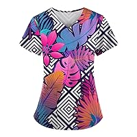 Casual Outfits for Women, Women's T-Shirts Personalized Cute Print Short Sleeve V-Neck Top Work Uniform Pocket Tops