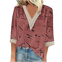 Womens V Neck Lace Blouse 2024 Summer 3/4 Sleeve Tops Tie Dye Dressy Casual Tee Shirts Soft Loose Teacher Shirts
