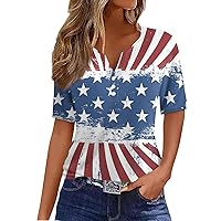 Fourth of July Shirts for Women,Women's Summer Tops Short Sleeve Independence Day Basic V Neck Button Casual Top