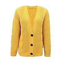 Women's V Neck Solid Color Sweater Casual Open Front Button Down Short Cardigan Loose Long Sleeve Chunky Knit Tops
