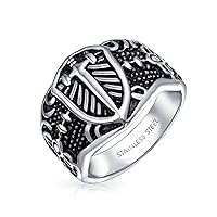 Bling Jewelry Personalize Large Statement Medieval Men's Religious Ancient Viking Maltase Fleur De Lis Cross Square Signet Band Ring For Men Oxidized Silver Tone Stainless Steel