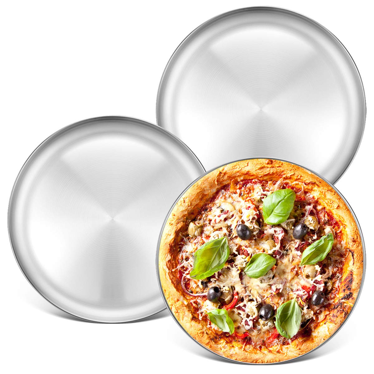 Deedro Stainless Steel Pizza Pan 13½ inch Round Pizza Tray Pizza Baking Sheet, Healthy Pizza Baking Pan Pizza Serving Tray Crisper Pan, Dishwasher Safe, 3 Pack