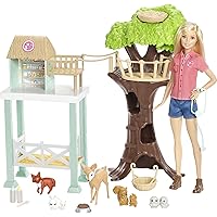 Barbie Doll & Playset, Animal Rescuer Theme with Vet Doll, 8 Animal Figures, Treehouse, Care Station, Rope Bridge & More