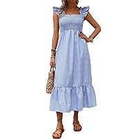 MakeMeChic Women's Summer Boho Dress Casual Floral Print Spaghetti Strap Square Neck Long Maxi Dress Beach Sun Dress