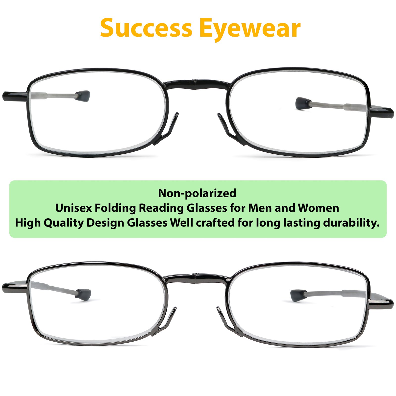 Success Eyewear Reading Glasses 2 Pair Black and Gunmetal Readers Compact Folding Unisex Glasses for Reading Case Included
