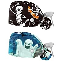 2 Packs Scrub Cap Women with Buttons, Adjustable Elastic Tie Back Skull Hats, Christmas Snowman Bouffant Surgical Cap