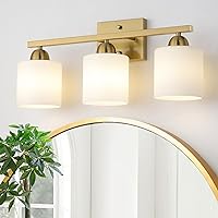 Stainless Steel Milk Glass Bathroom Vanity Light Over Mirror, 3 Light Brushed Gold Bathroom Light Fixtures with Frosted Glass, Modern Vanity Lighting Wall Mount